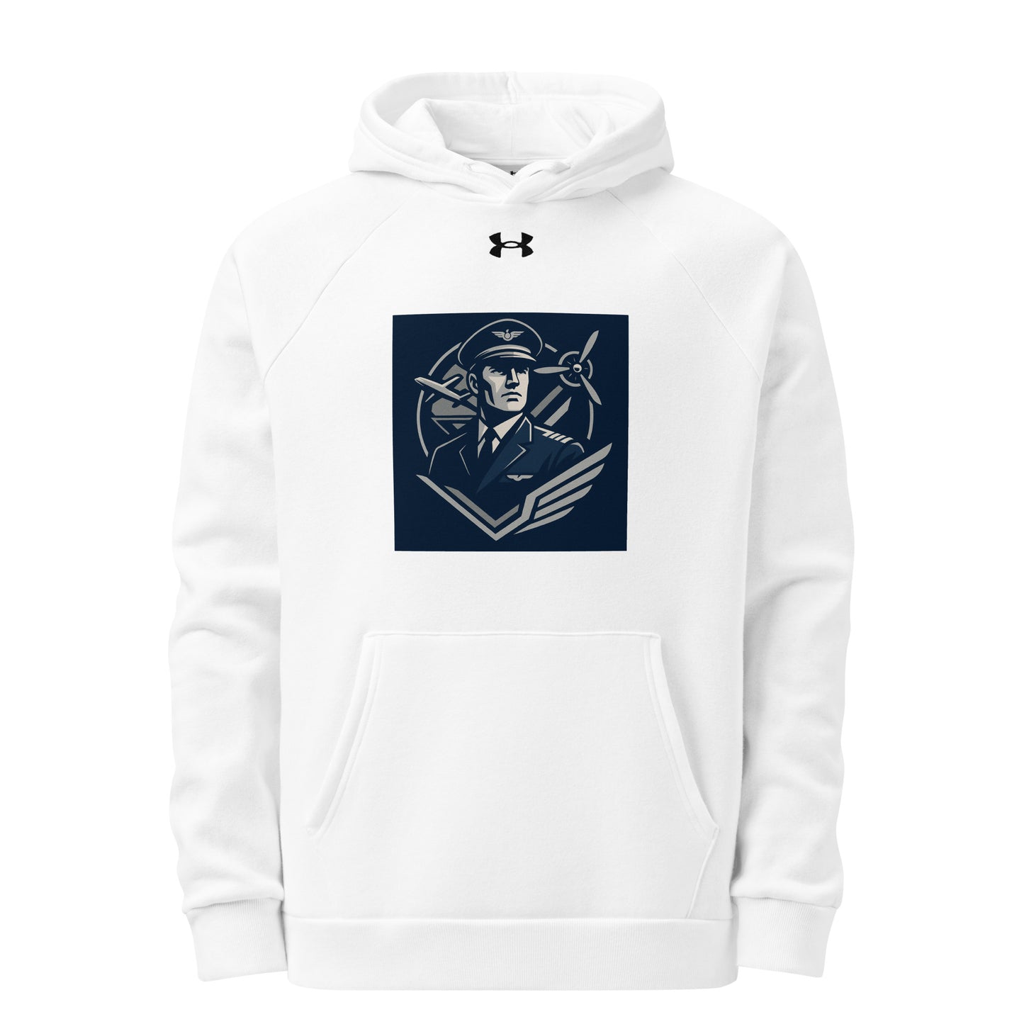 White hoodie with navy graphic and Under Armour logo on a white background