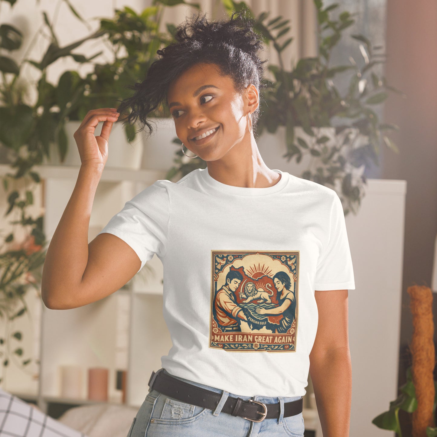 Woman wearing a white t-shirt with a graphic design in a room with plants