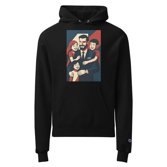 Black hoodie with a colorful graphic of a family on a white background