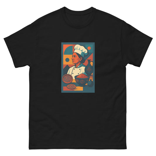 Black t-shirt with a colorful graphic of a chef on a white background