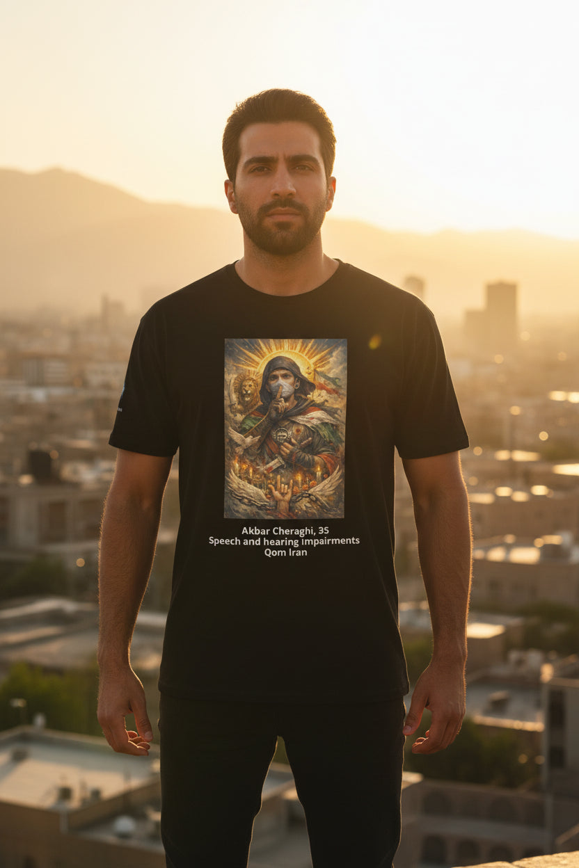 Black t-shirt with a graphic design and text on a white background