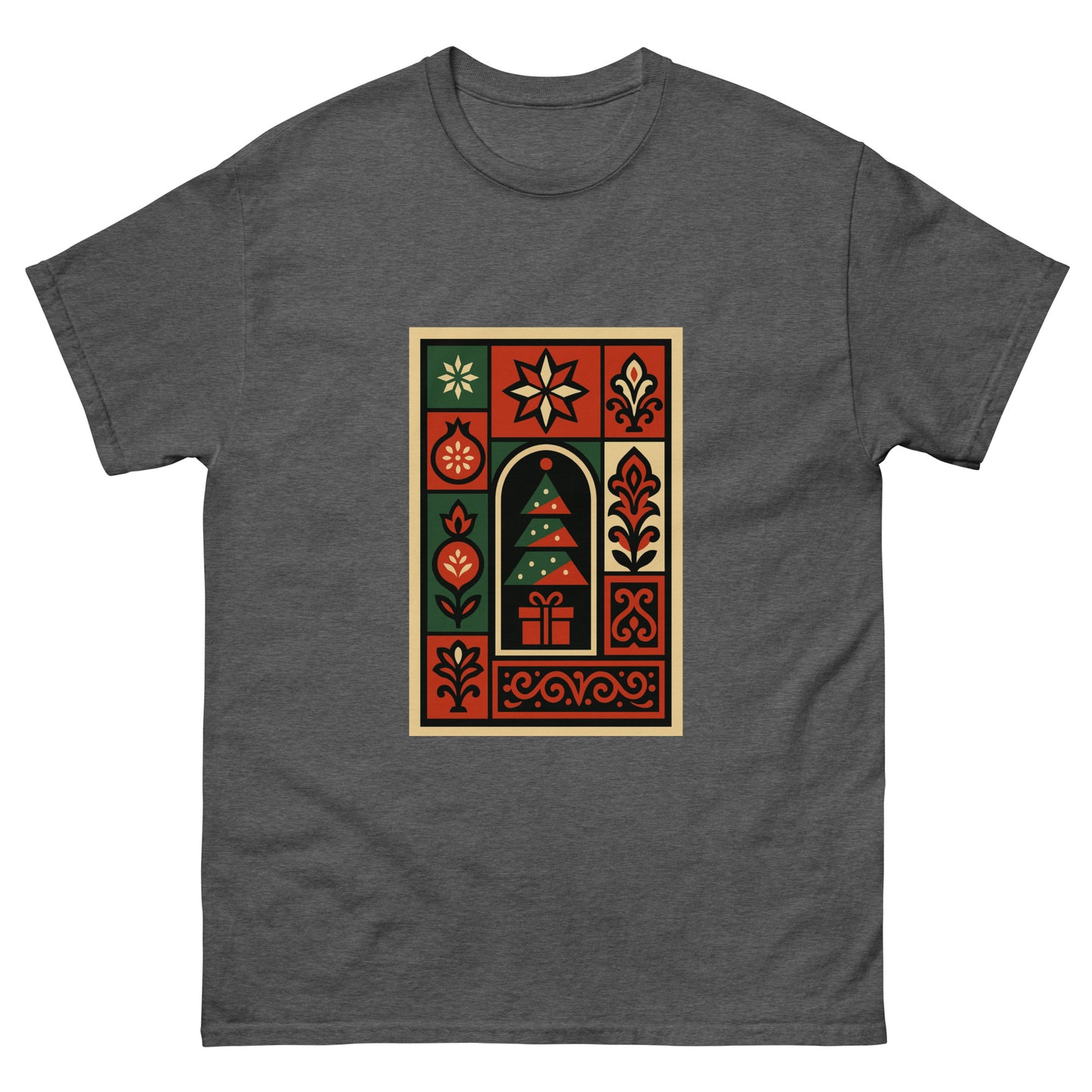 Dark gray t-shirt with a colorful geometric design on a white background