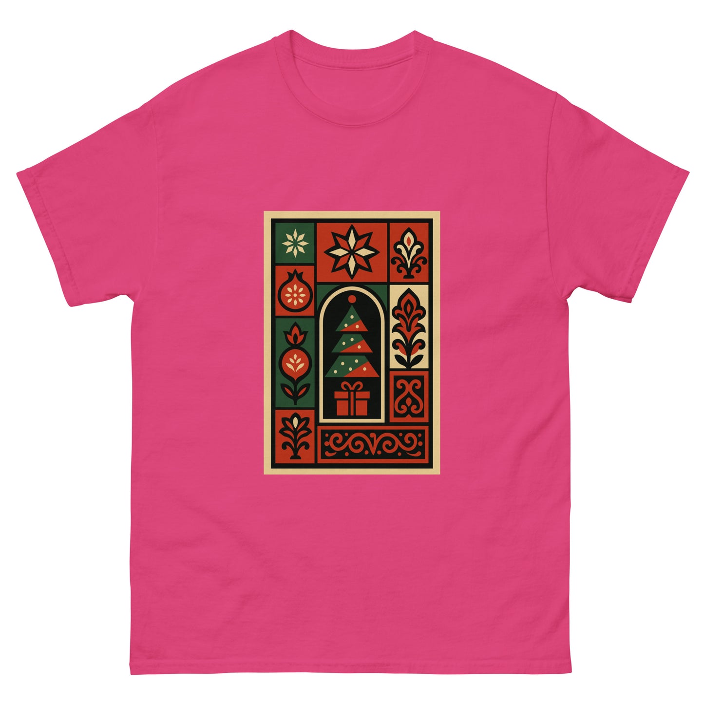 Pink t-shirt with a decorative graphic on a white background