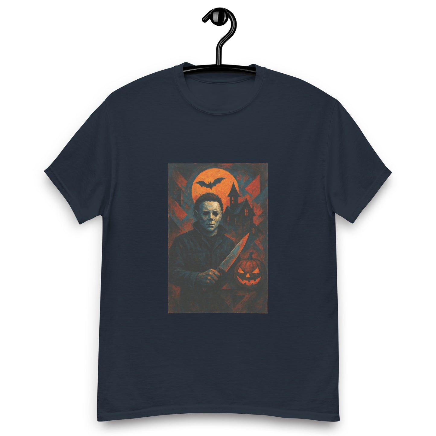 Navy blue t-shirt with a graphic design of a character holding a knife and pumpkins on a hanger.