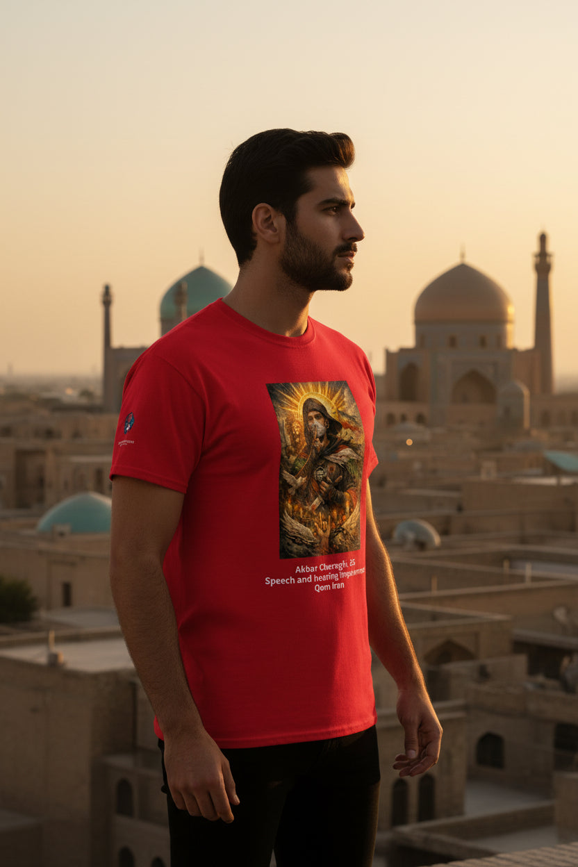Red t-shirt with a graphic design and text on a white background