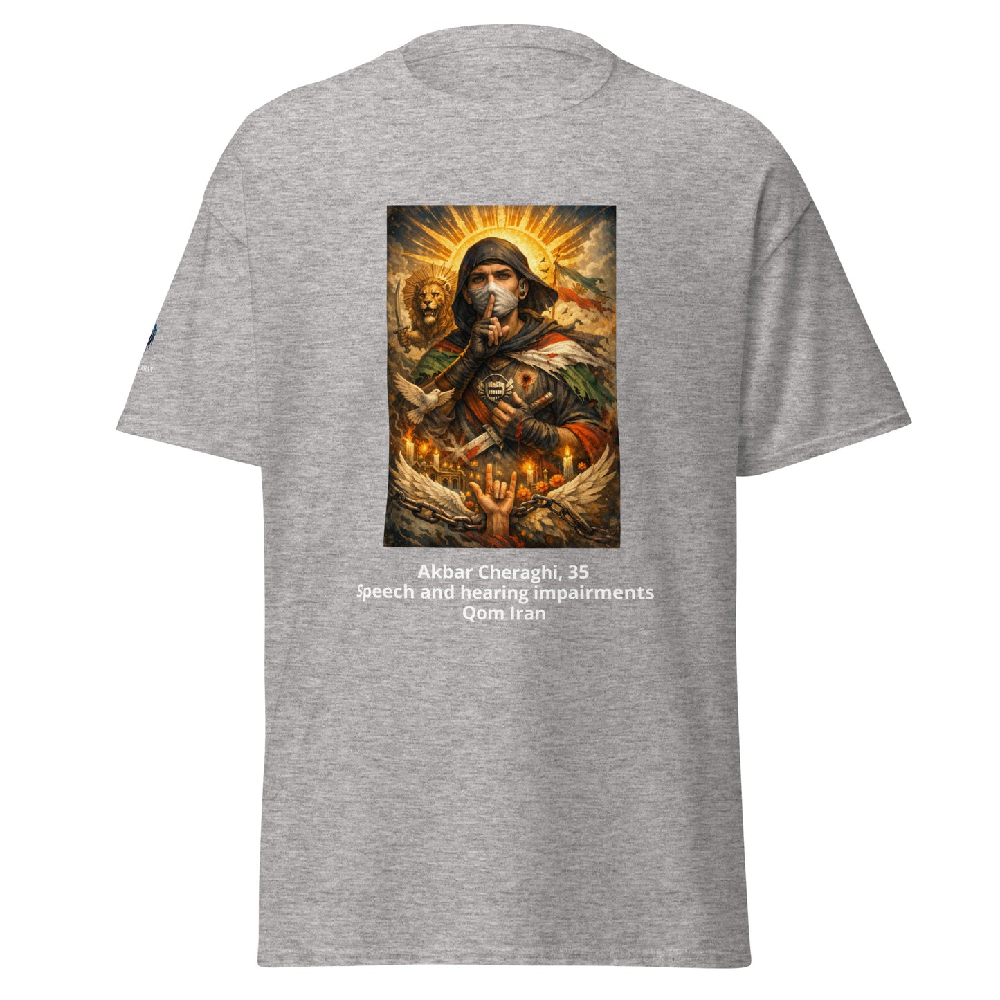 Gray t-shirt with a graphic design on the back featuring a religious figure, text, and a white background.