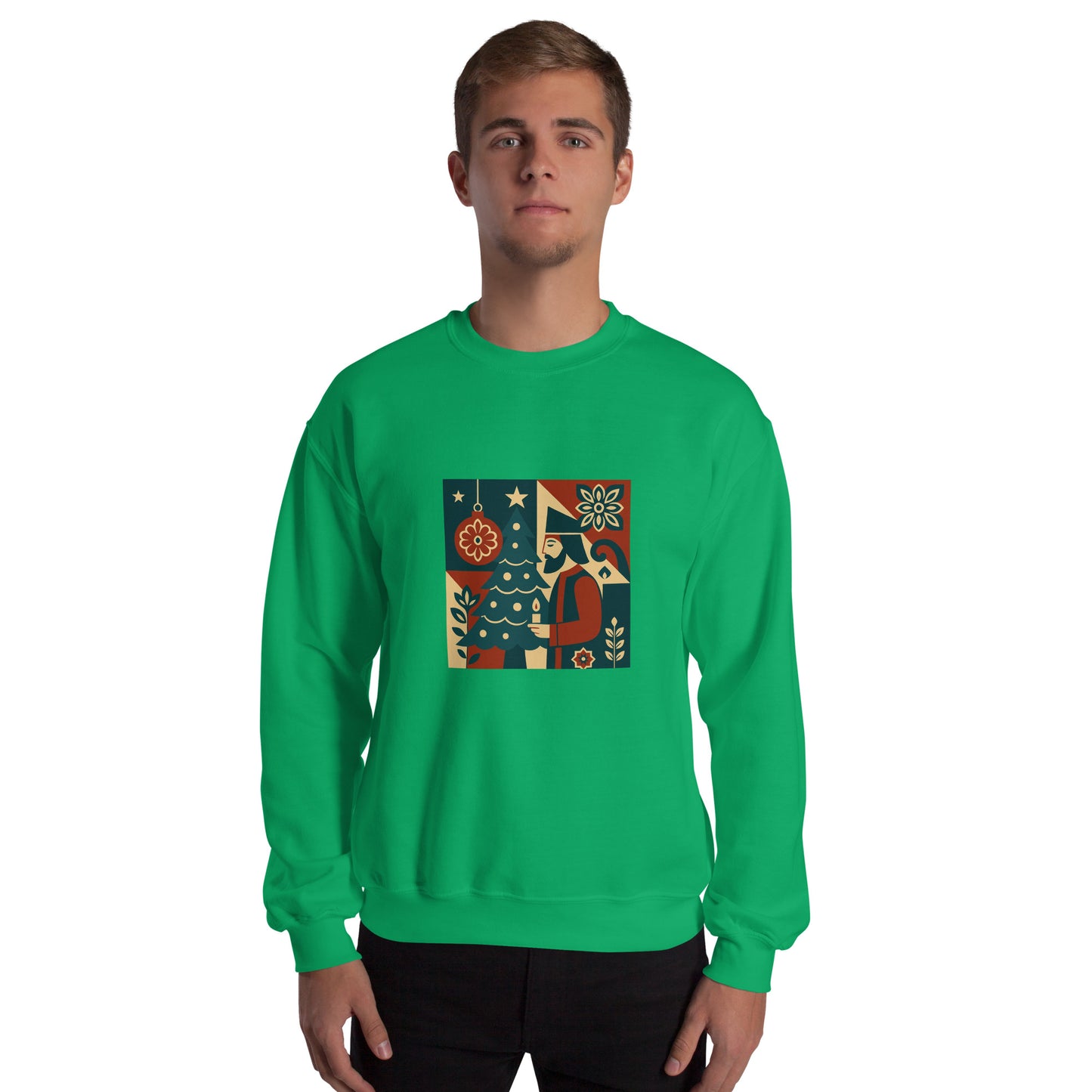 Person wearing a green sweatshirt with a colorful geometric pattern on a white background