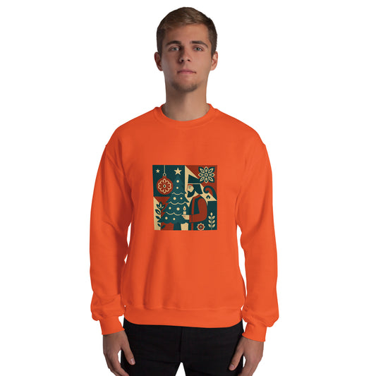 Person wearing an orange sweatshirt with a colorful graphic design on a white background