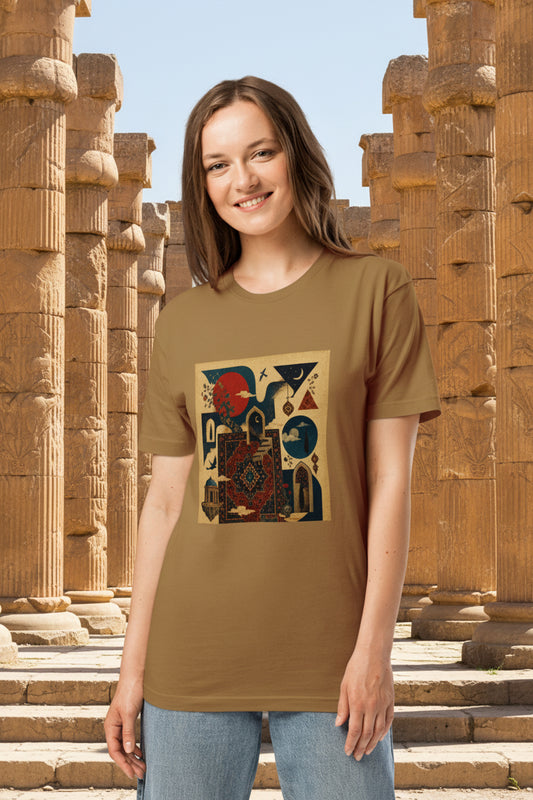 A woman modeling a brown short-sleeve t-shirt with a colorful geometric graphic print on the front, paired with light blue jeans, against a plain white background.