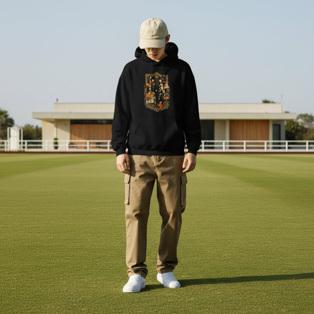 Person wearing a black hoodie with text and beige cap, standing against a white wall.