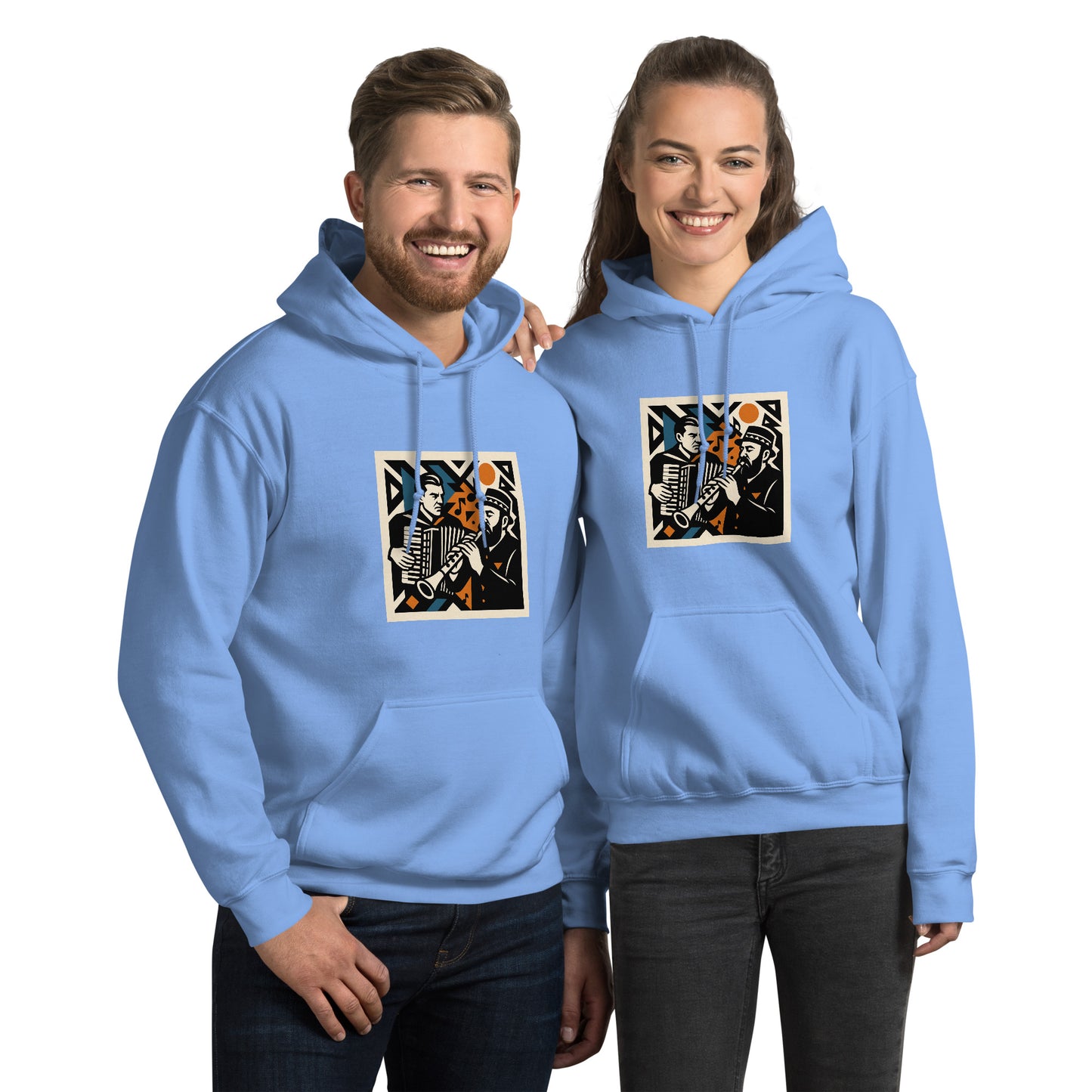 Two people wearing light blue hoodies with a graphic design on a white background