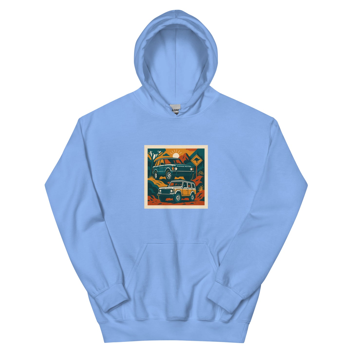 Light blue hoodie with a colorful graphic on a white background