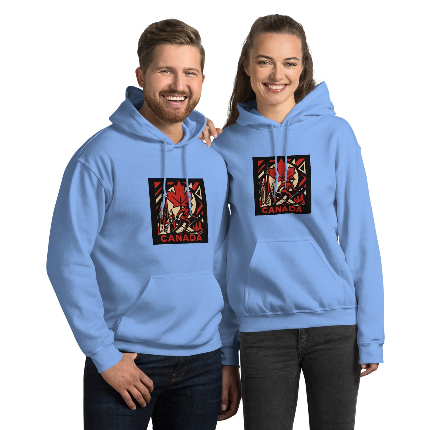 Two people wearing light blue hoodies with a 'Canada' design on a white background
