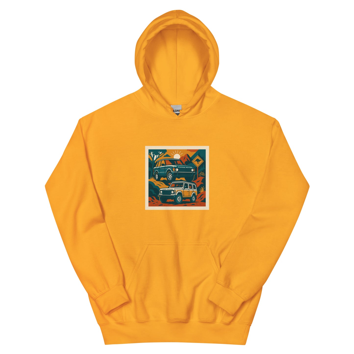 Yellow hoodie with a graphic design on a white background