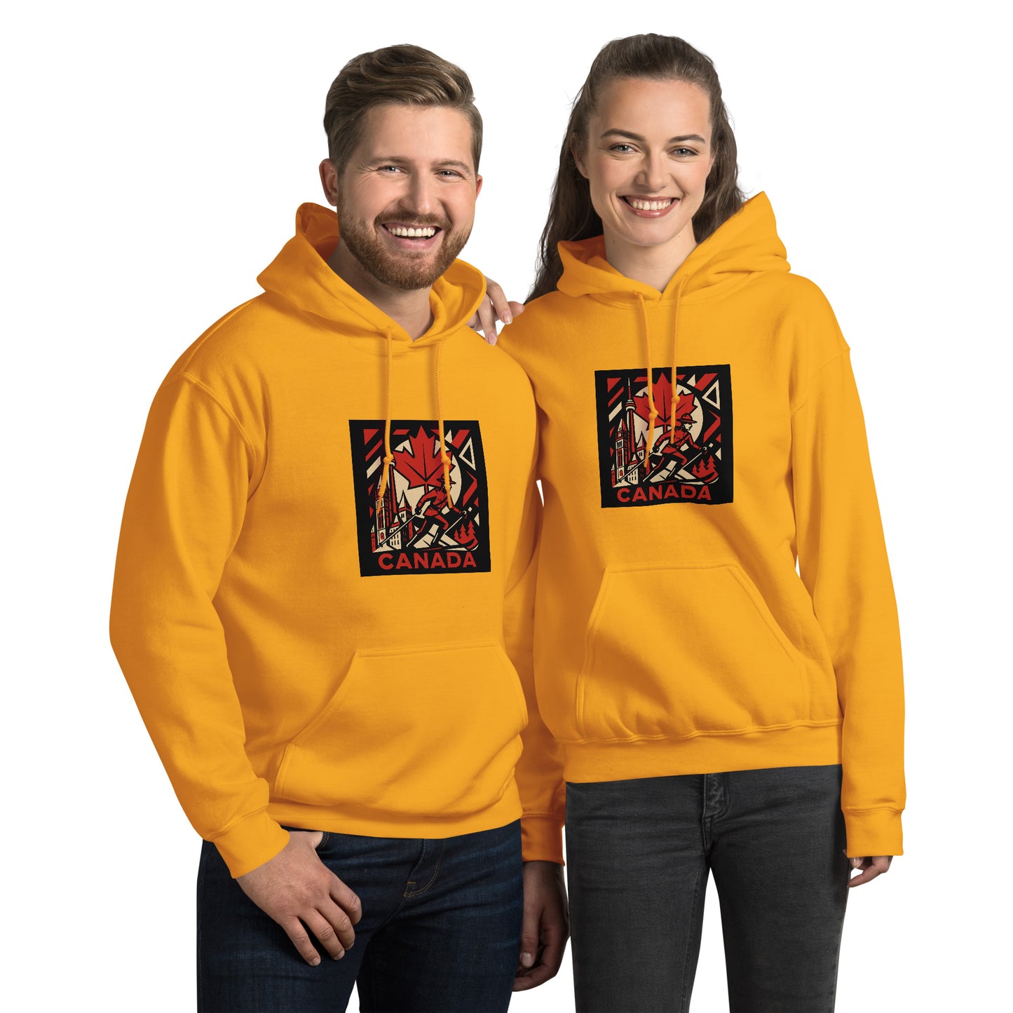 Two people wearing yellow hoodies with a 'Canada' design on a white background