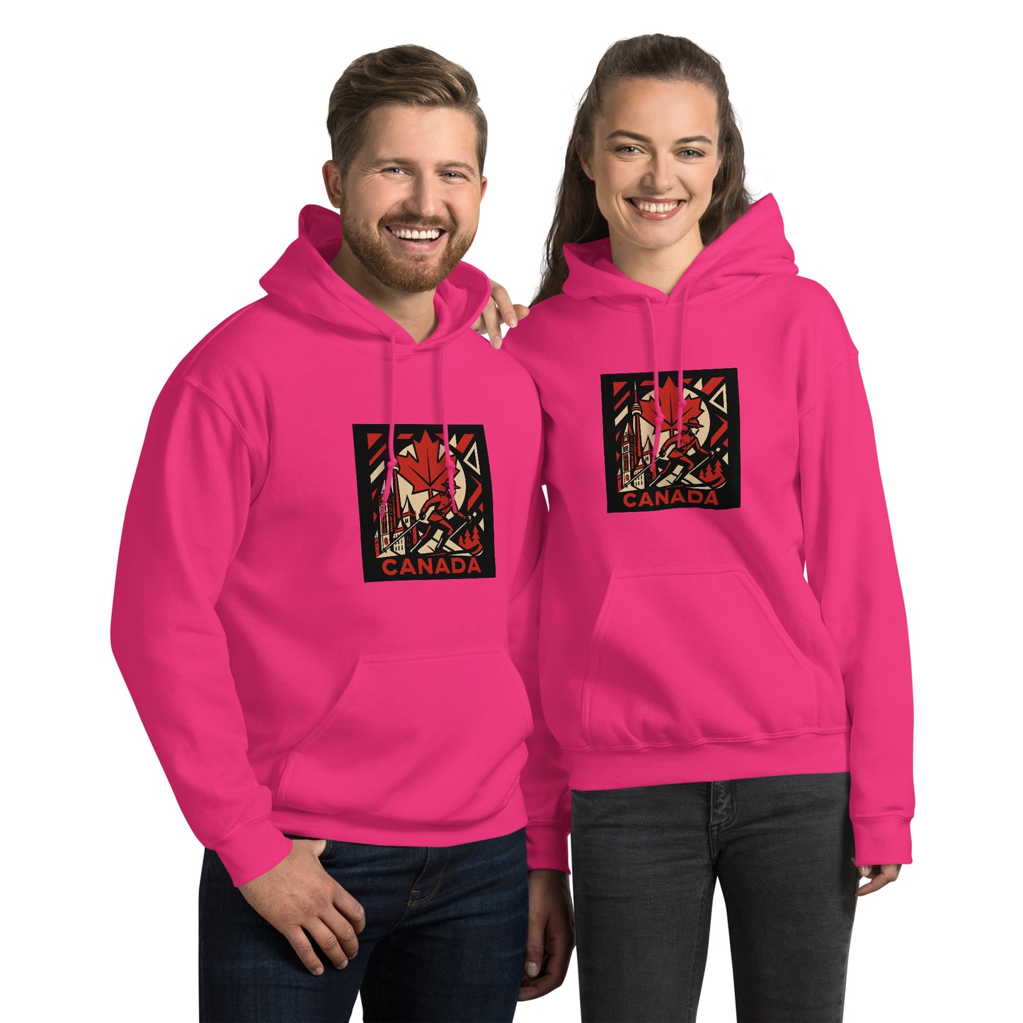 Two people wearing pink hoodies with a colorful 'Canada' design on a white background