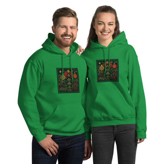Two people wearing green hoodies with a colorful design on a white background