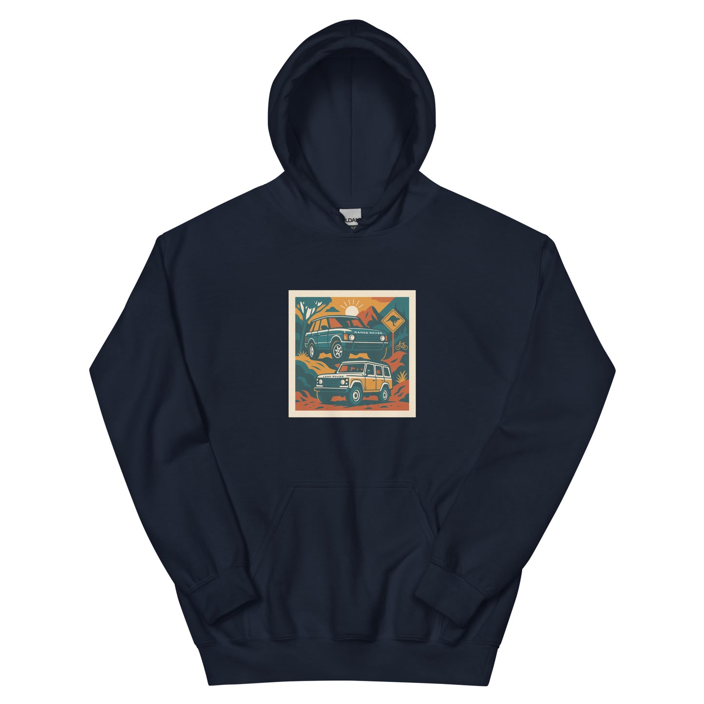 Navy blue hoodie with a colorful graphic on a white background