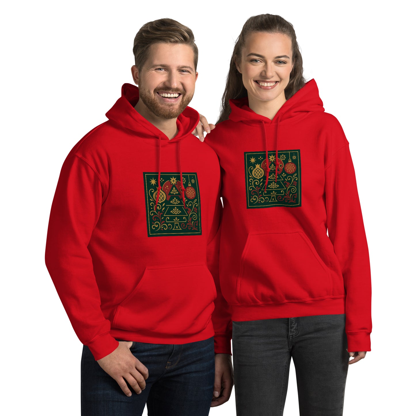 Two people wearing red hoodies with a decorative emblem on a white background