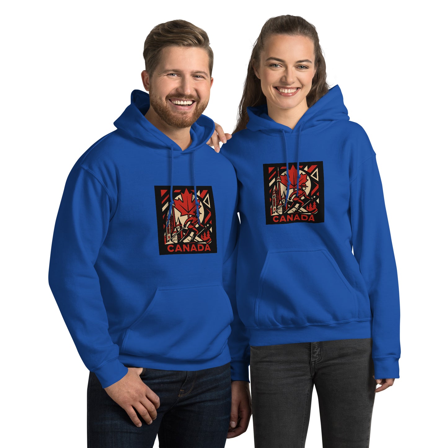 Two people wearing blue hoodies with a 'Canada' design on a white background