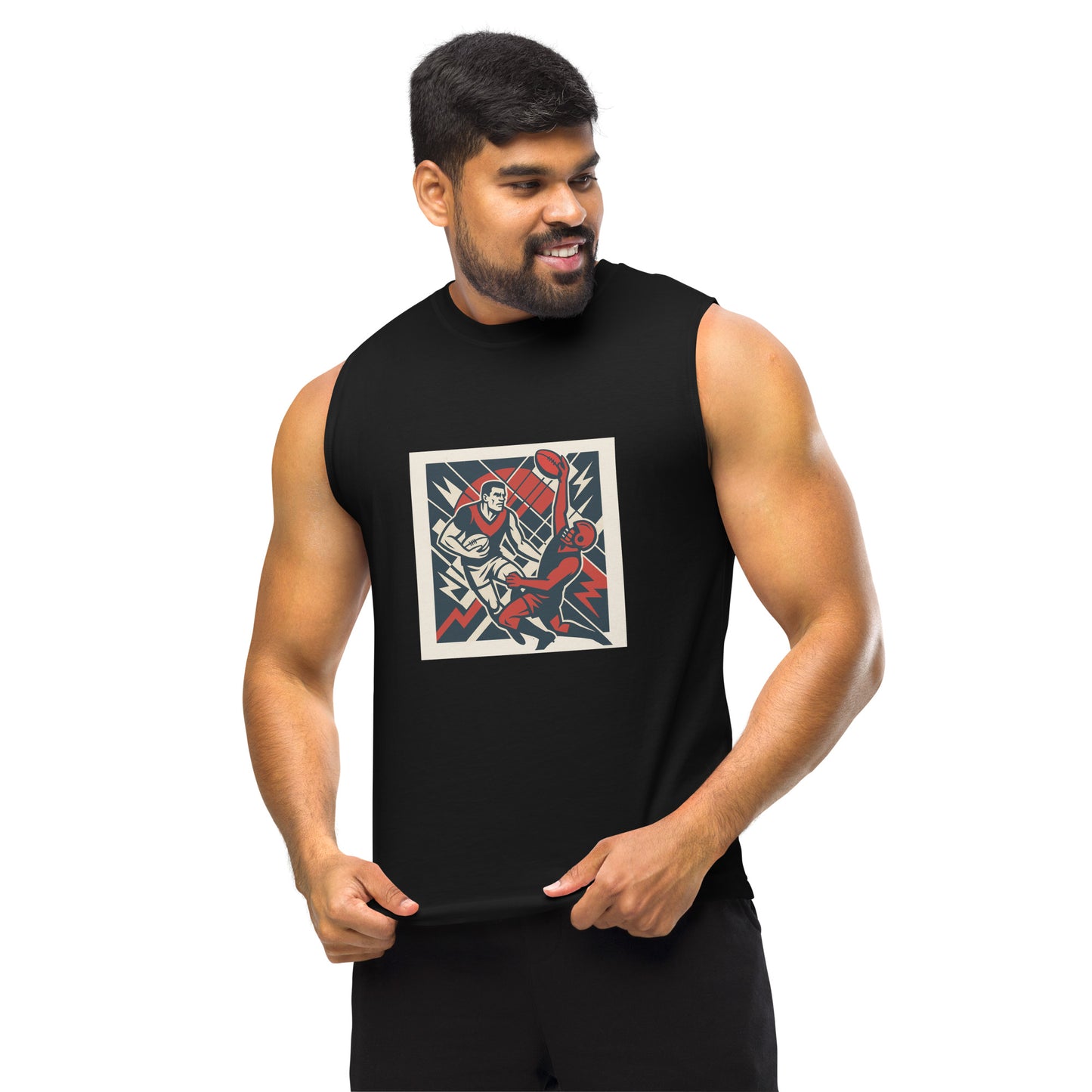 Man wearing a black sleeveless shirt with a graphic design on a white background