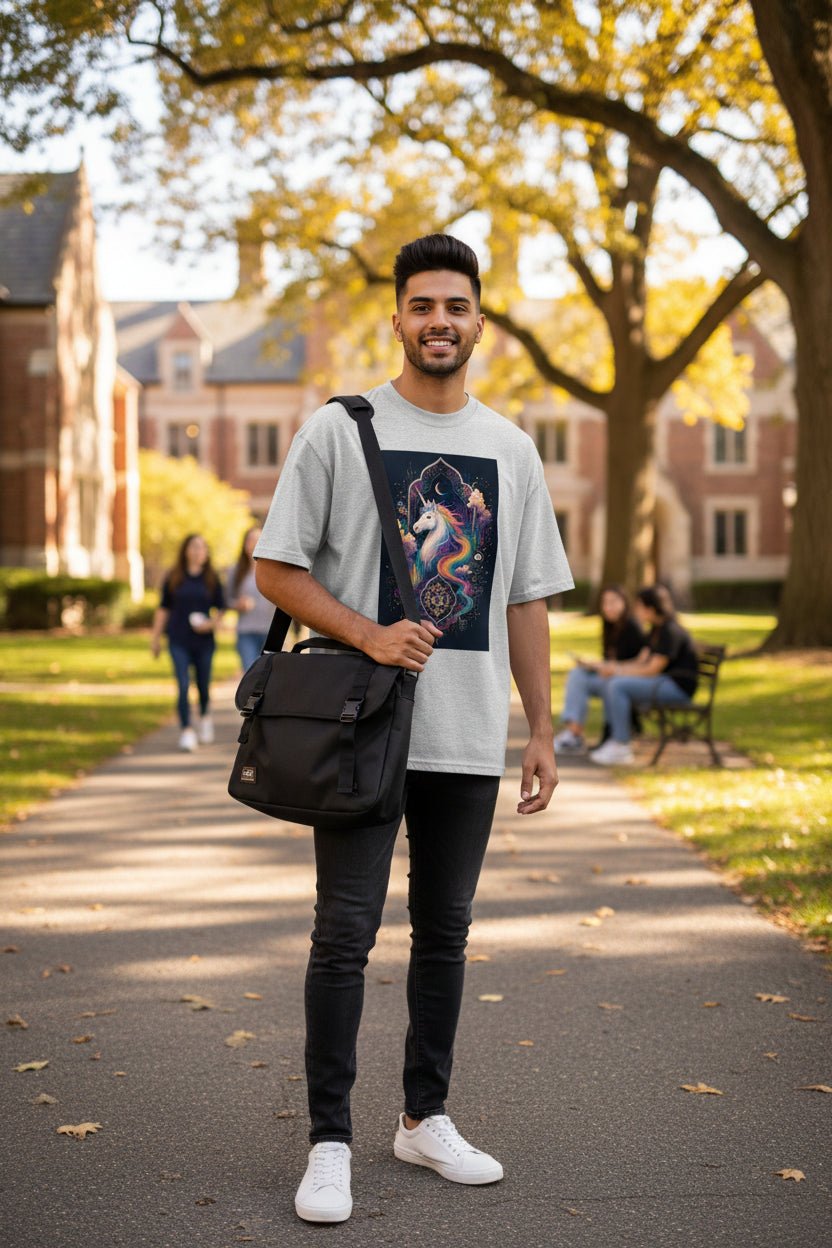 Gray t-shirt with a colorful unicorn graphic on a white background