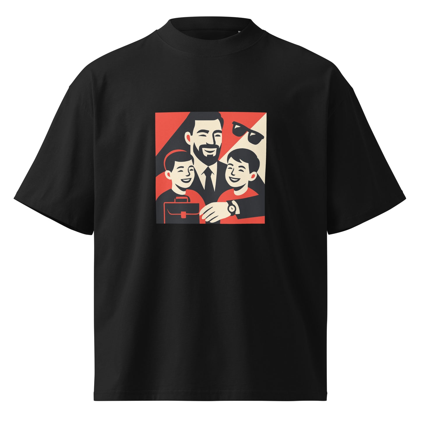 Black t-shirt with a graphic of a man and two children on a white background