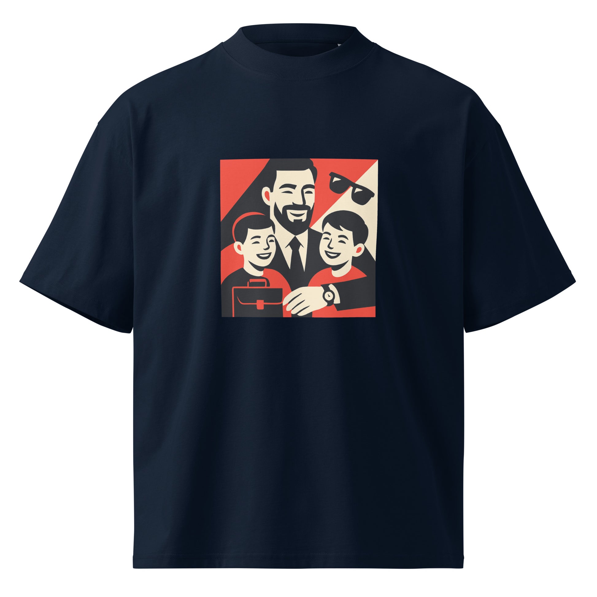 Navy blue FATHER t-shirt with a graphic of a man and two children on a white background