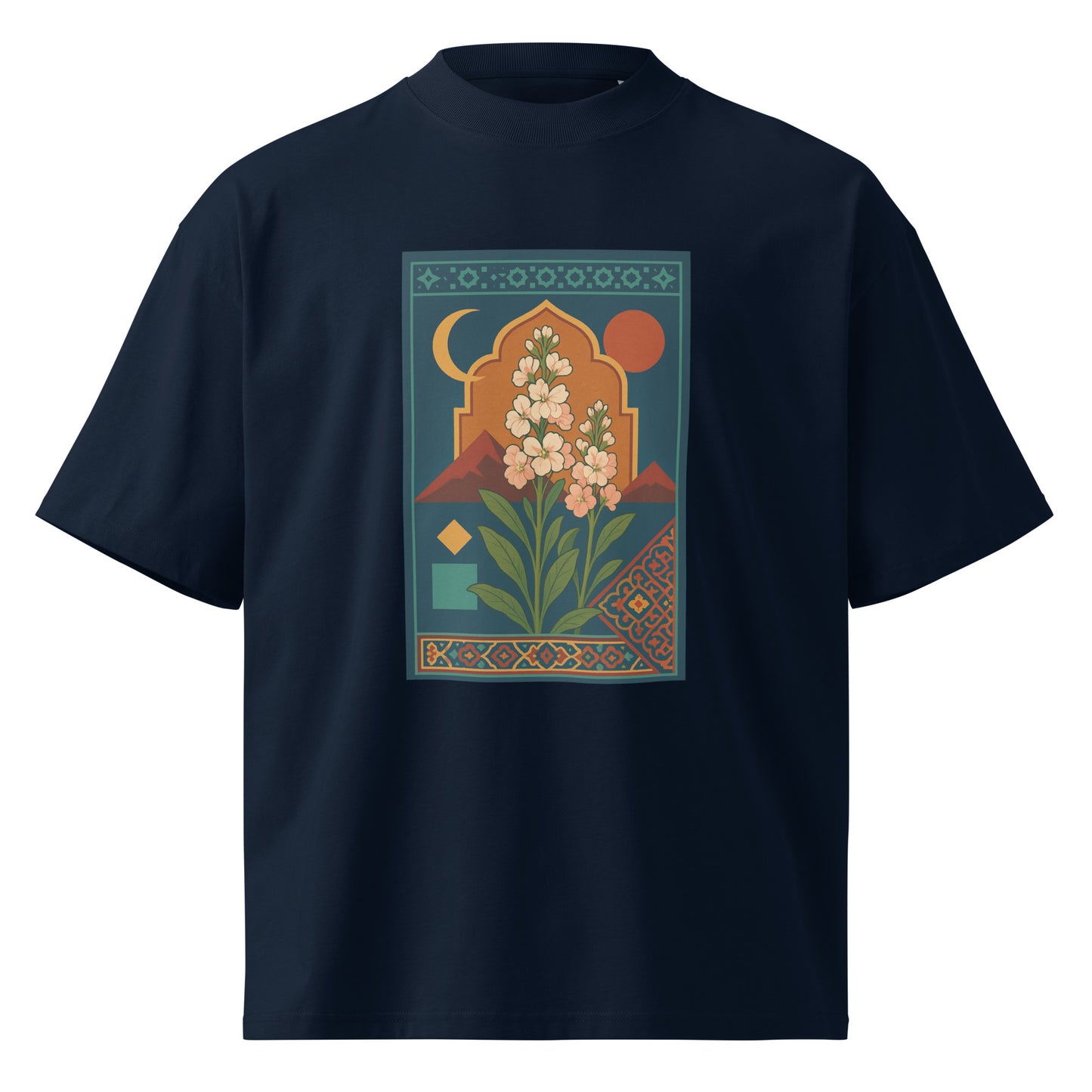 Navy blue t-shirt with a floral graphic on a white background