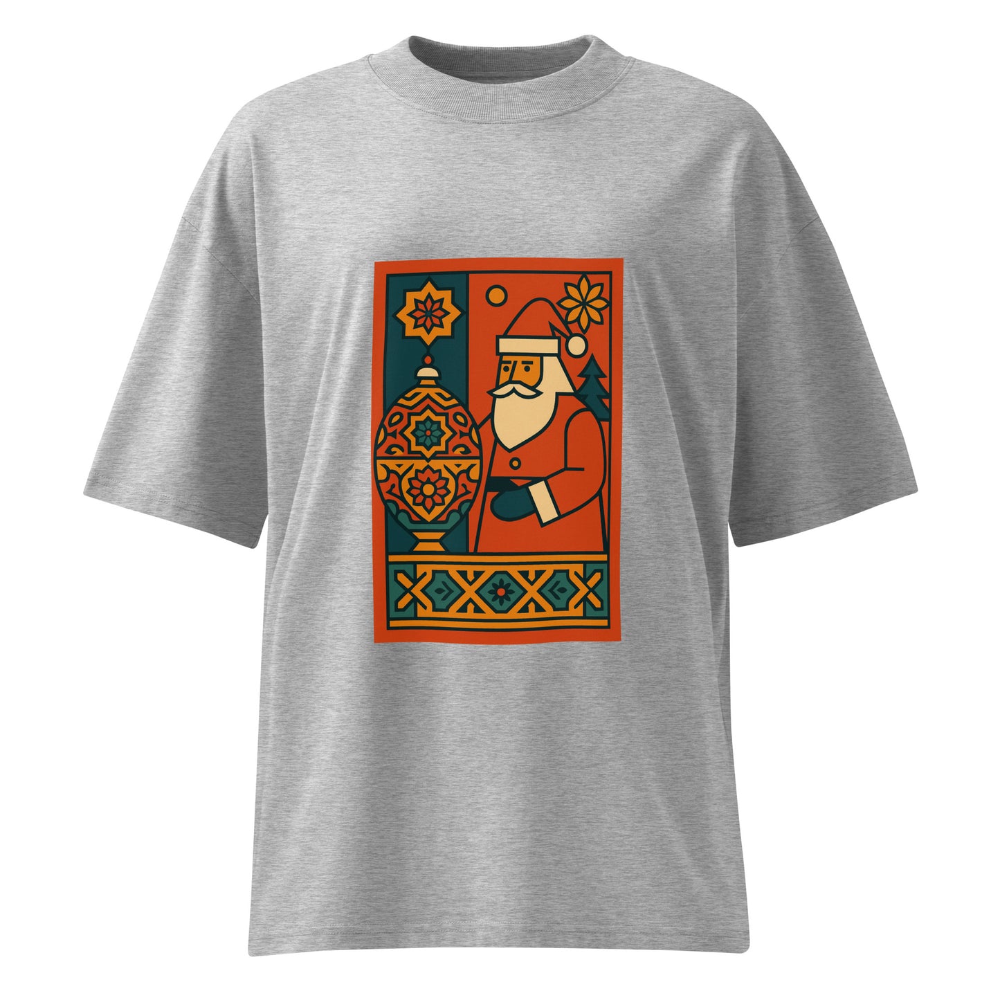 Gray t-shirt with a colorful graphic of a Santa Claus holding a vase on a white background