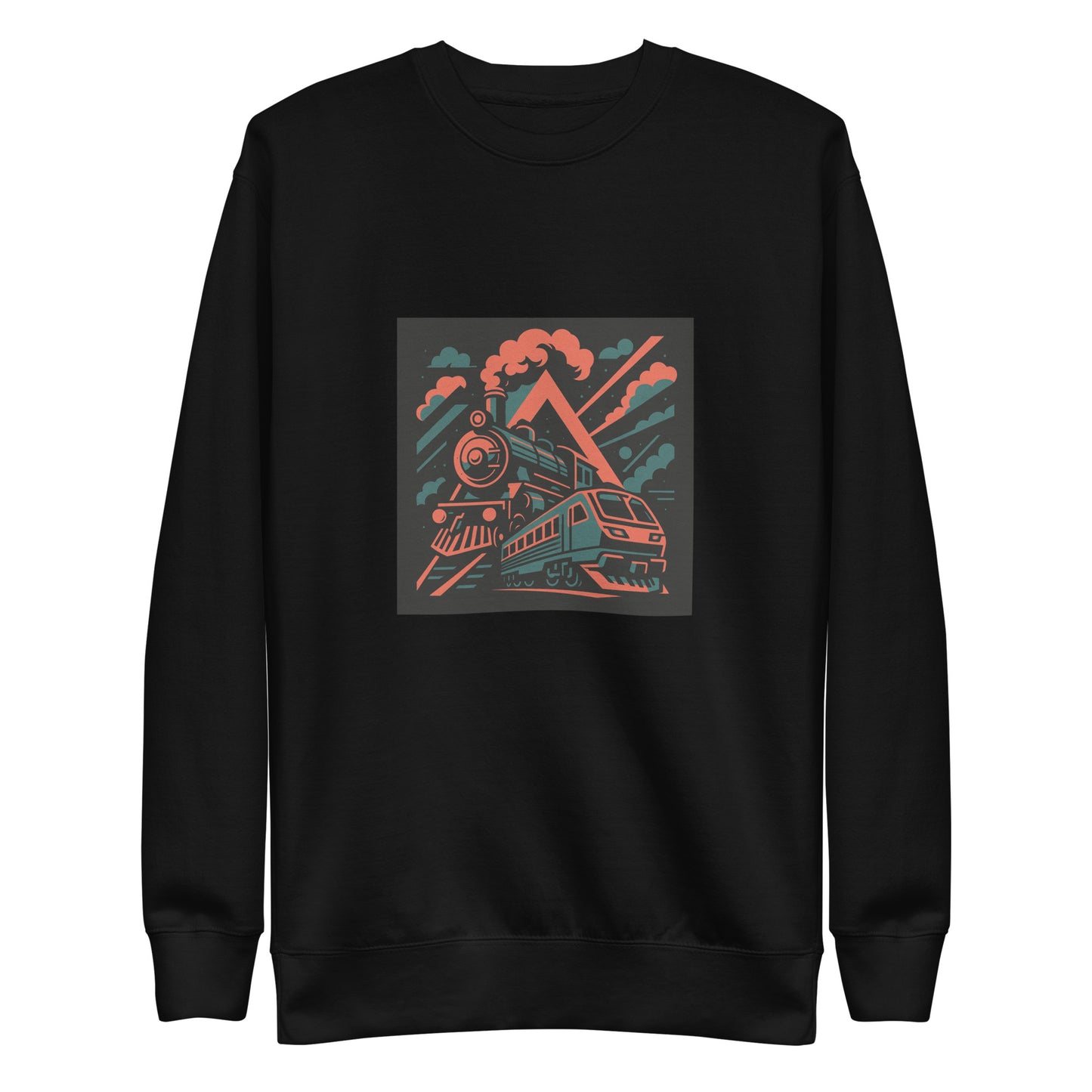 Black sweatshirt with a train graphic on a white background