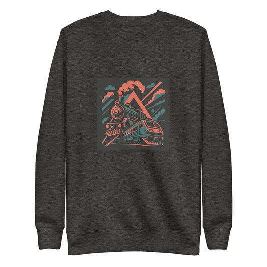 Dark gray sweatshirt with a train graphic on a white background