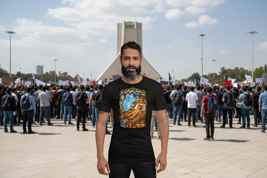 Man wearing a black t-shirt with a colorful graphic design on a white background