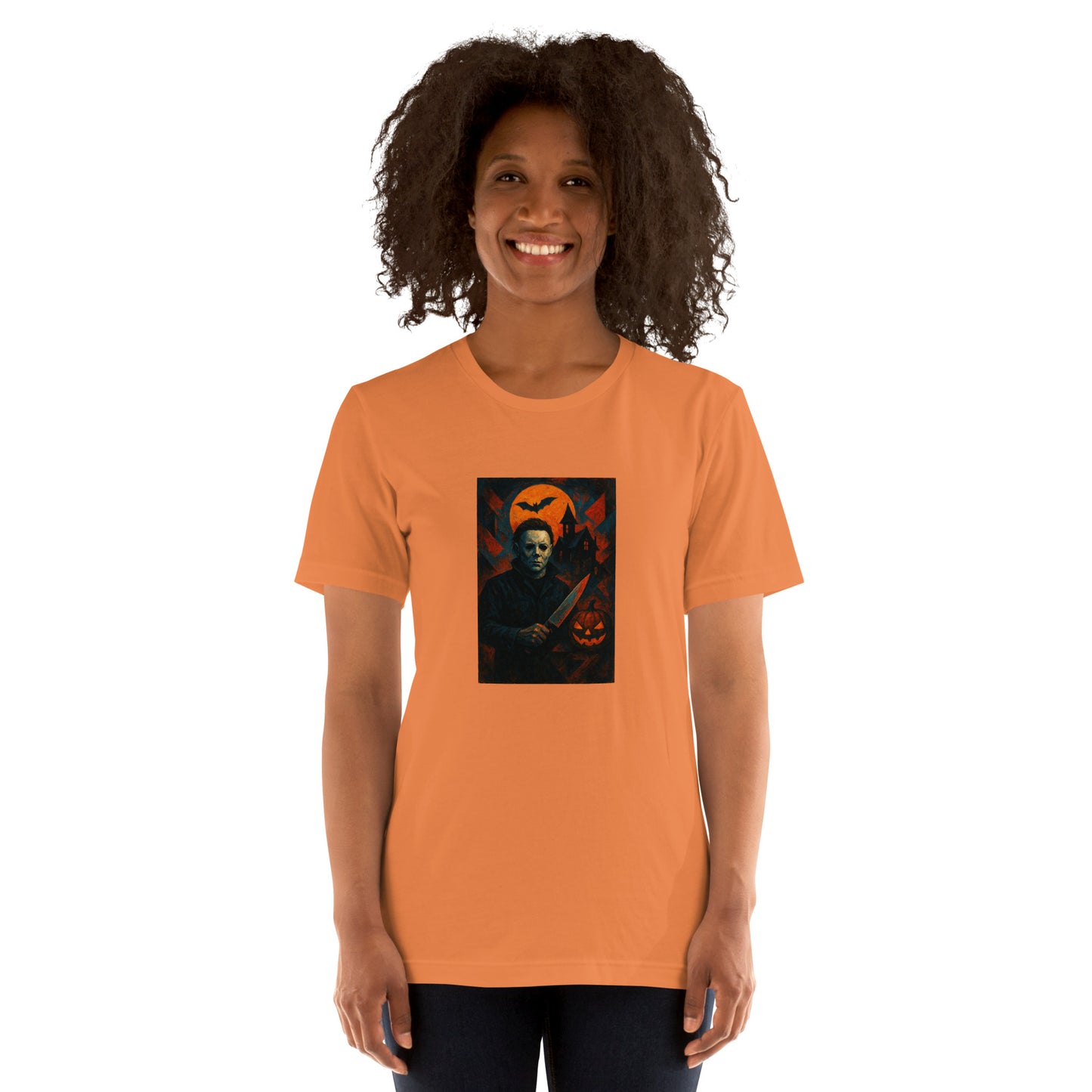 Person wearing an HORROR orange t-shirt with a graphic design on a white background