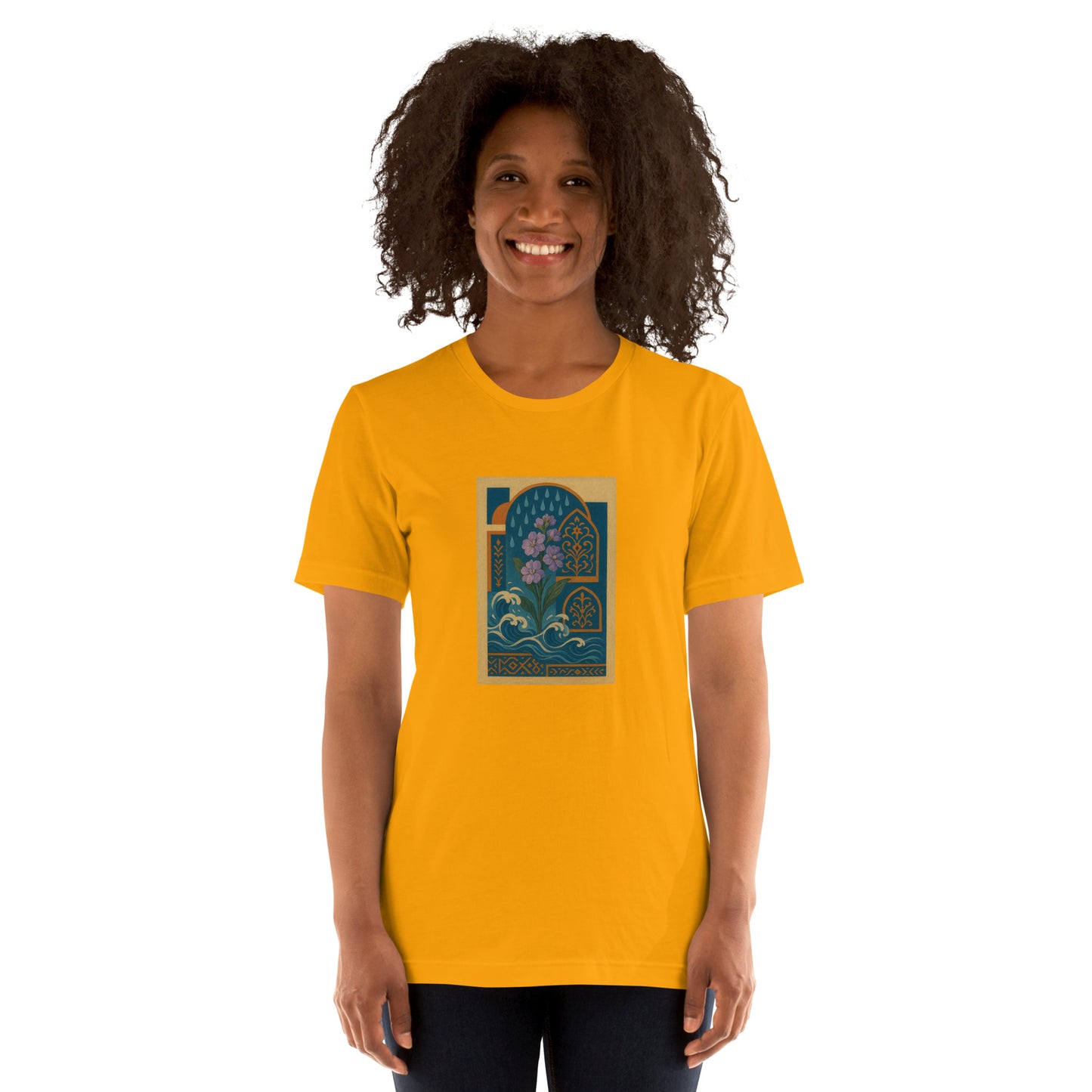 Person wearing a yellow t-shirt with a graphic design on a white background