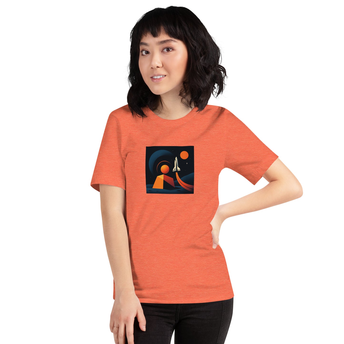 Person wearing an orange t-shirt with a graphic design on a white background