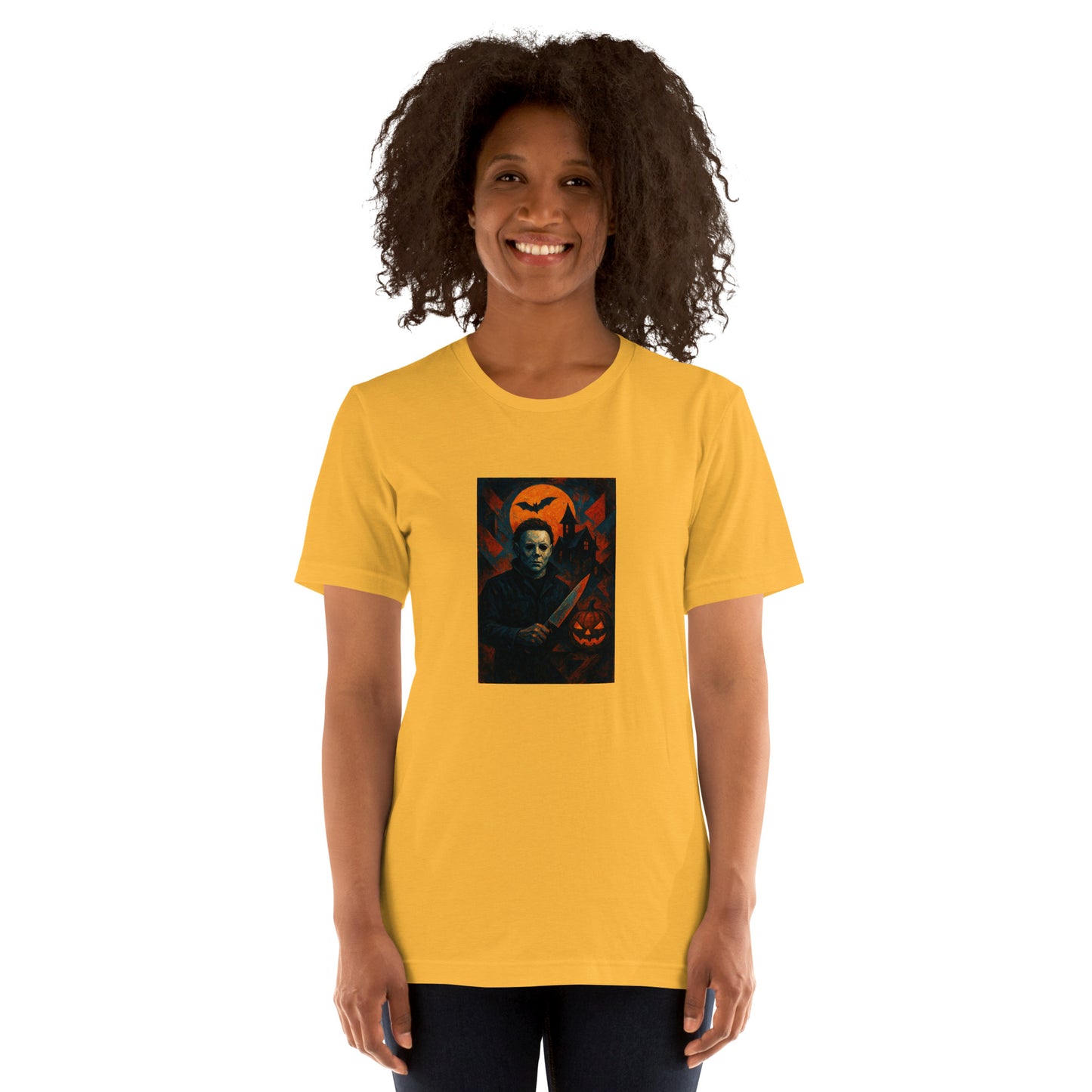 Person wearing a HORROR yellow t-shirt with a graphic design on a white background