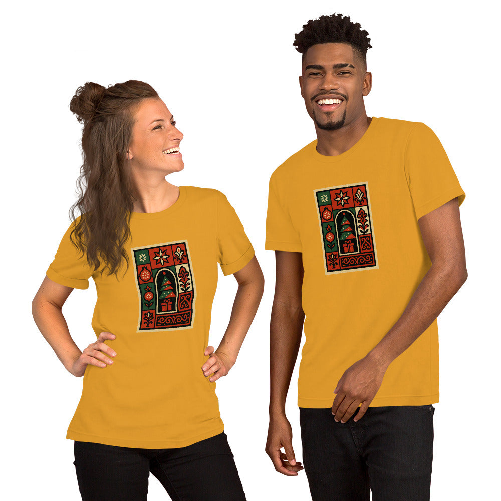 Two people wearing mustard yellow t-shirts with a CHRISTMASS design on a white background