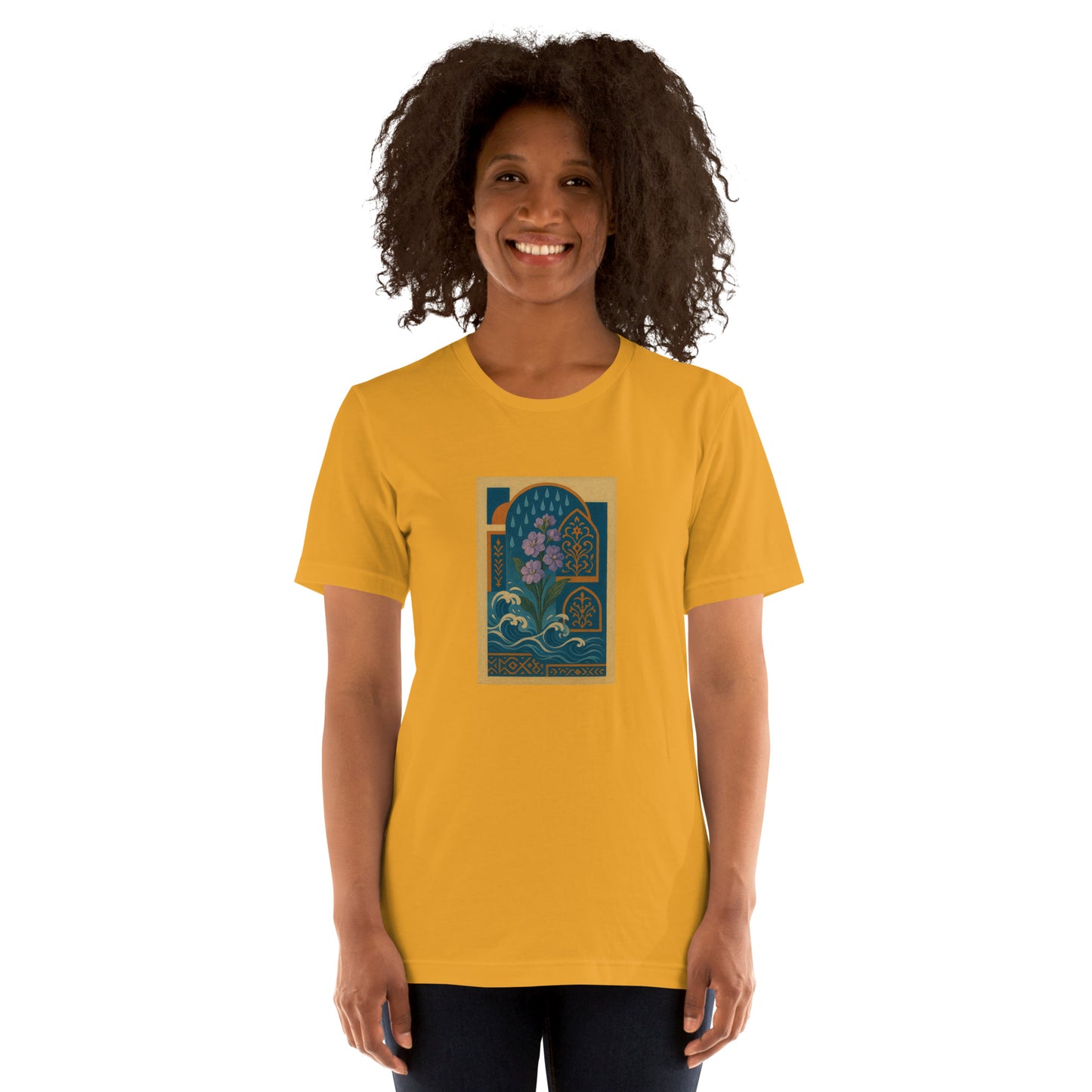 Woman wearing a mustard yellow t-shirt with a graphic design on a white background