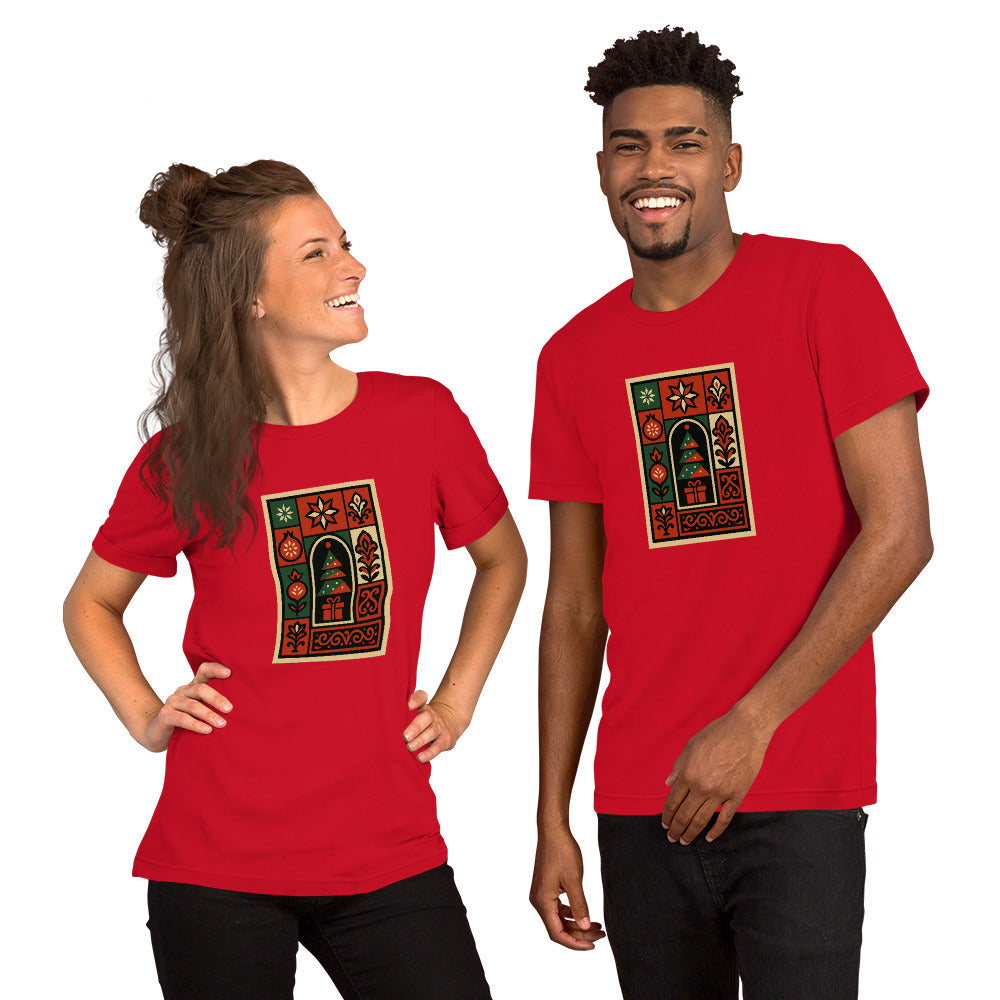 Two people wearing CHRISTMASS red t-shirts with a decorative design on a white background