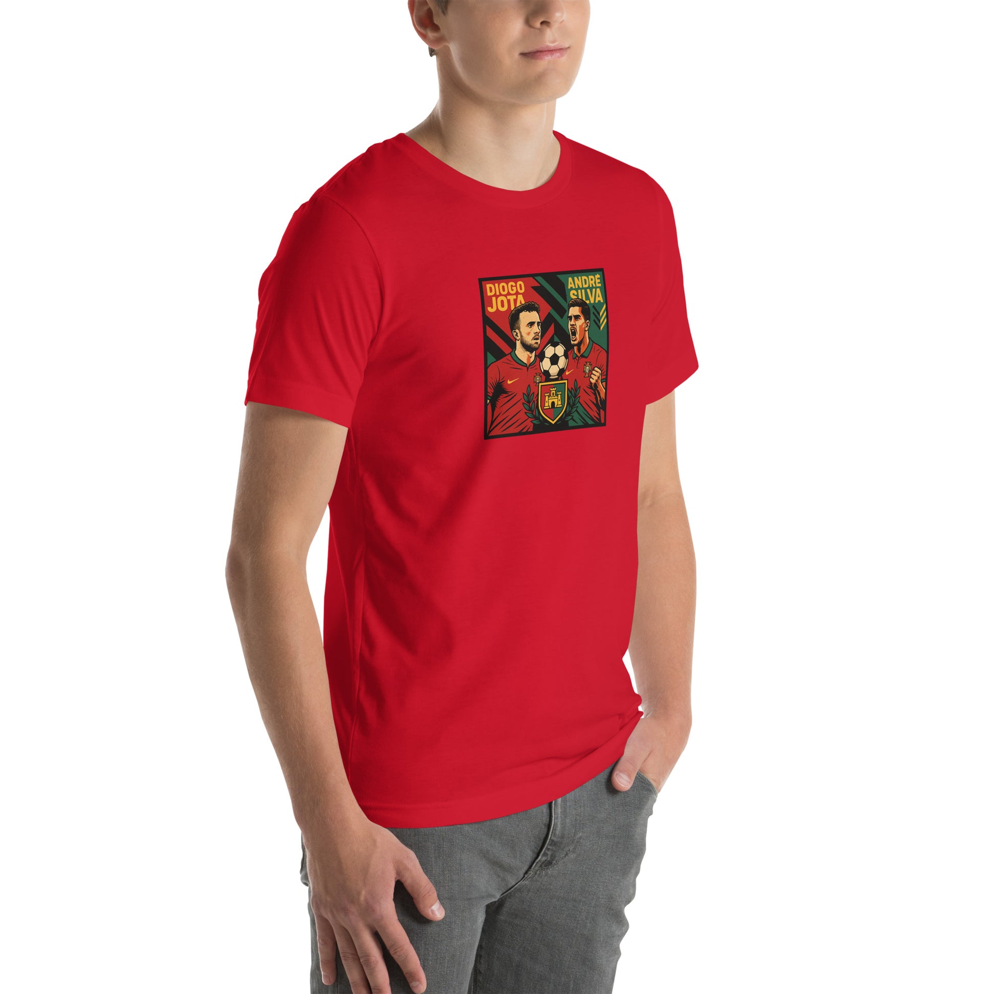Person wearing a red t-shirt with a graphic design on a white background