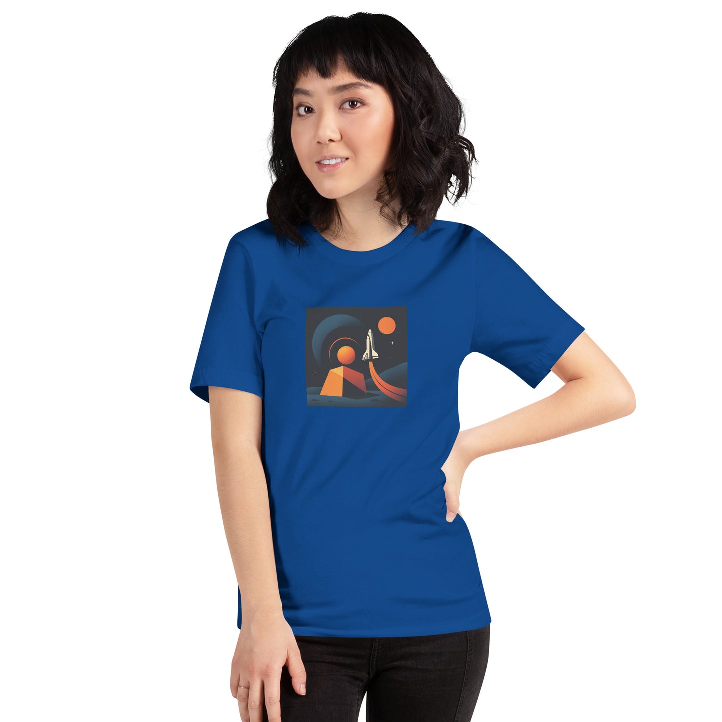 Person wearing a blue t-shirt with a graphic design on a white background