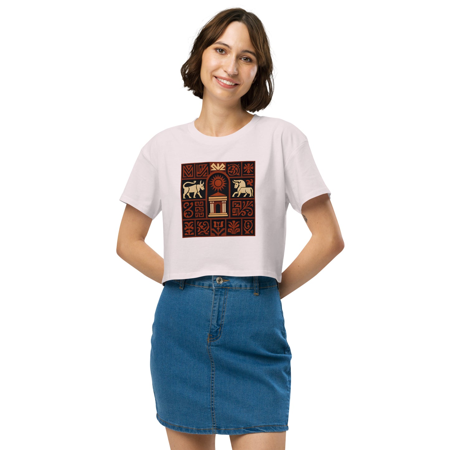 Woman wearing a white t-shirt with a colorful graphic design on a white background