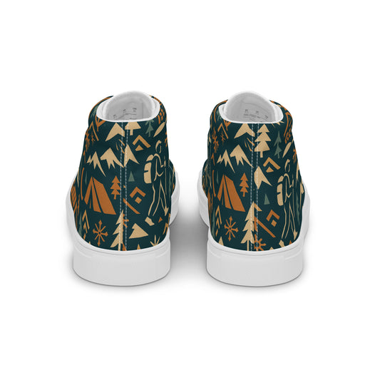 High-top sneakers with camping-themed pattern on a white background