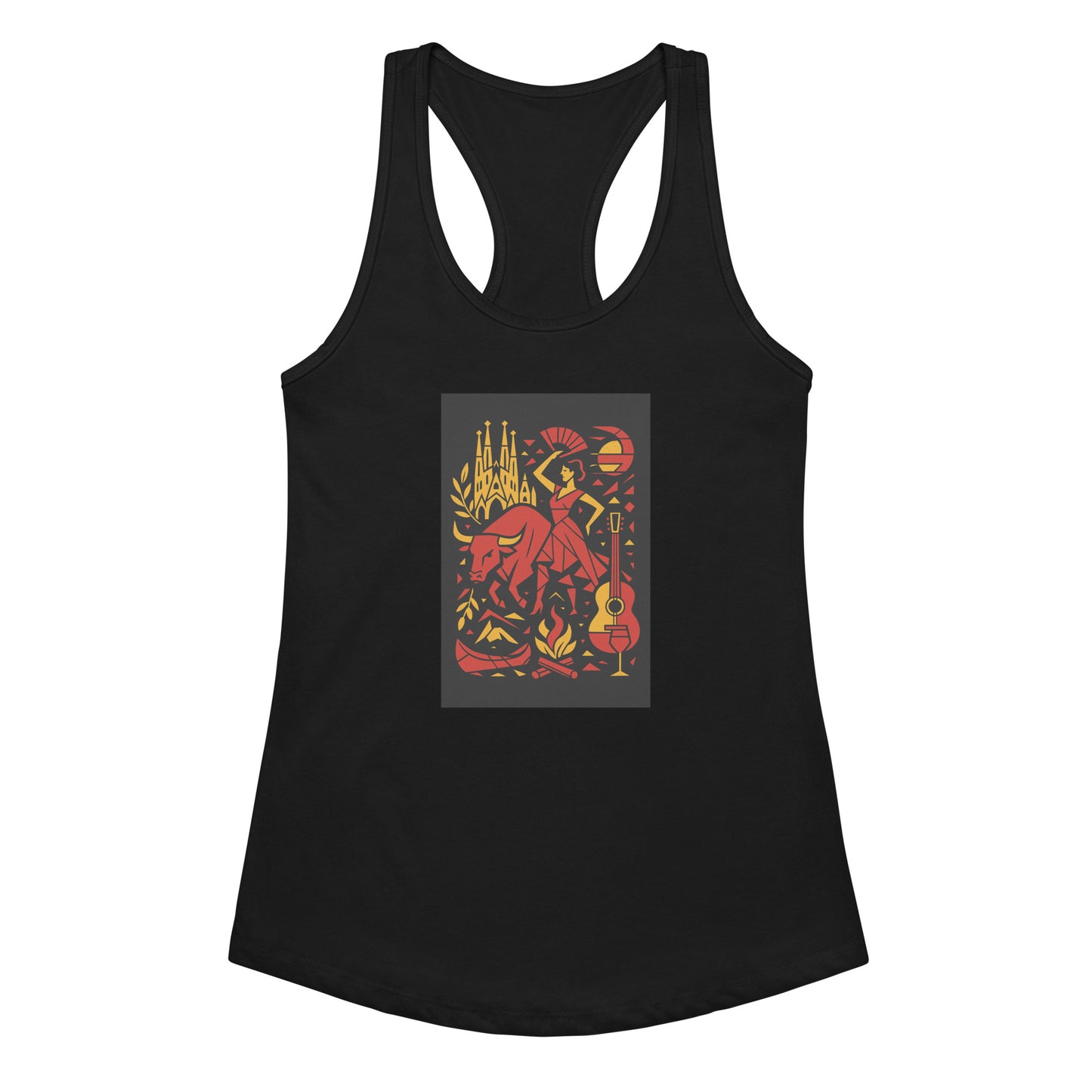 Black tank top with a colorful graphic design on a white background