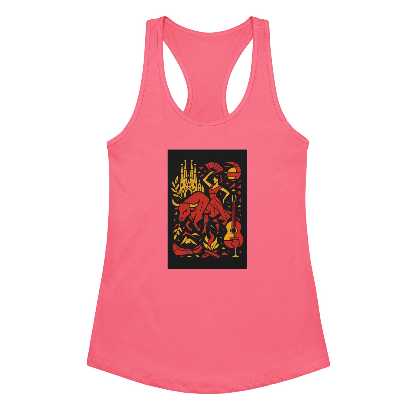 Pink tank top with a colorful graphic design on a white background
