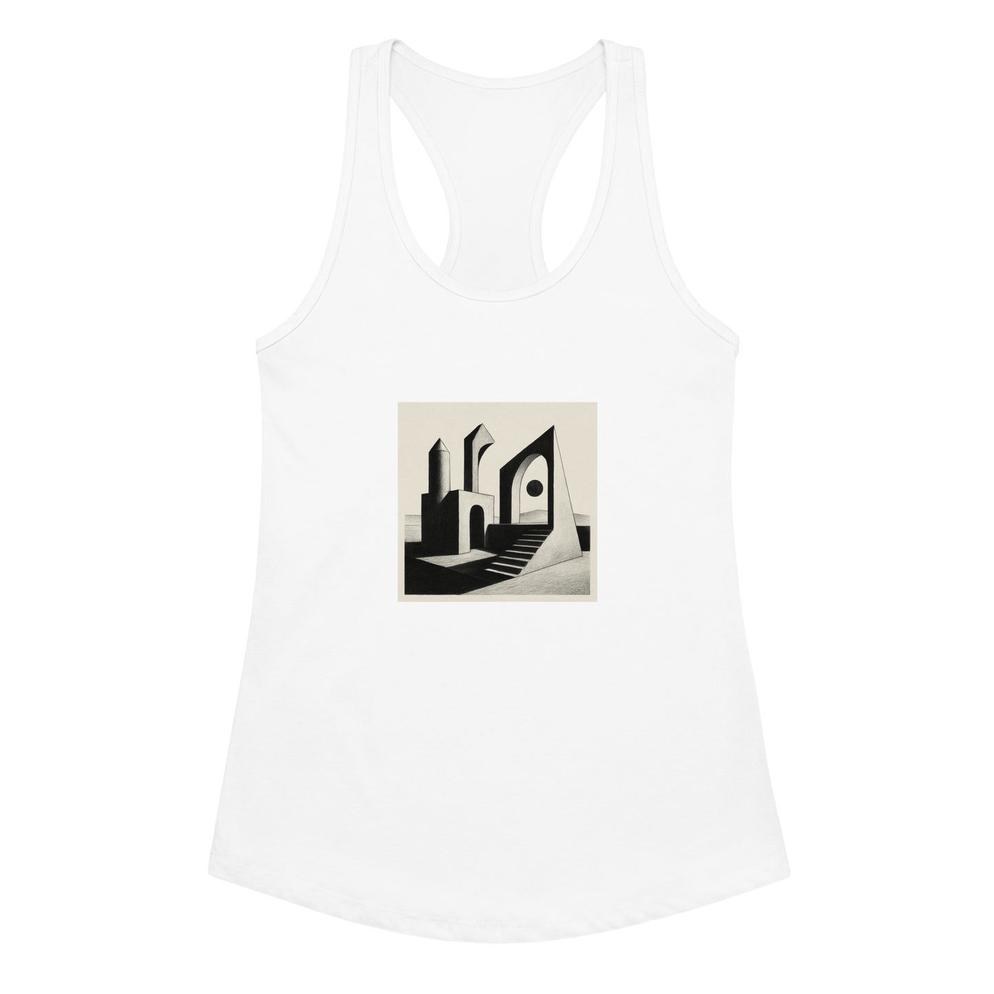 White tank top with black and white graphic design on a white background