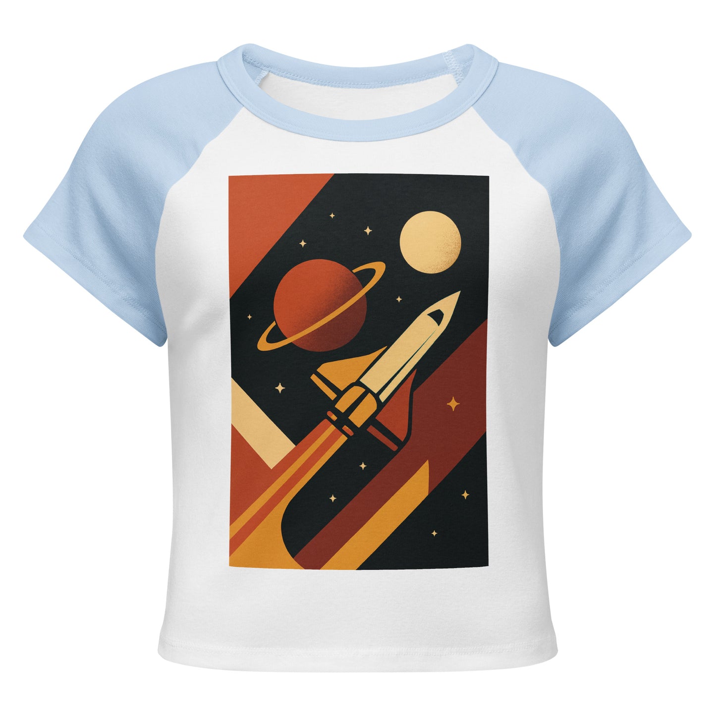 T-shirt with space-themed design featuring a rocket and planets on a white background