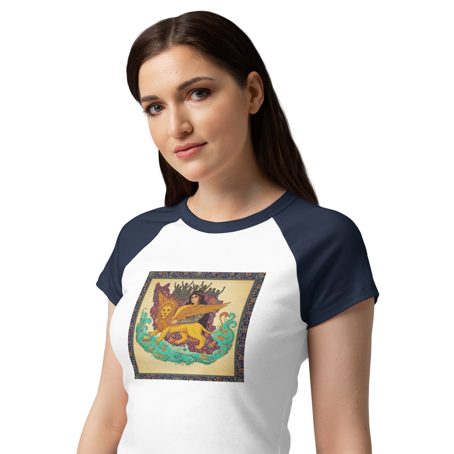 Woman wearing a white and navy blue t-shirt with a graphic design on a white background