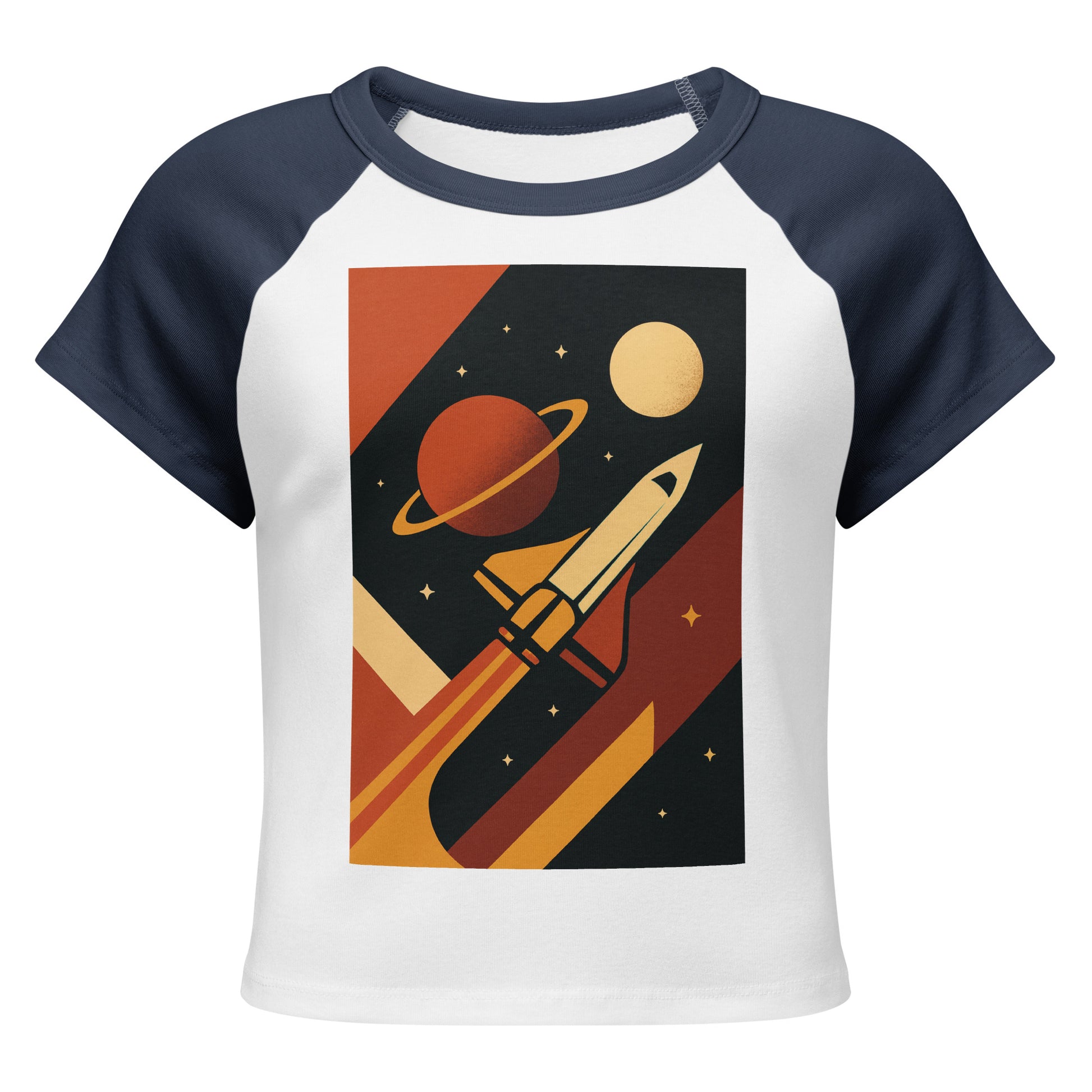 Children's t-shirt with space-themed design featuring a rocket and planets on a white and navy blue background.